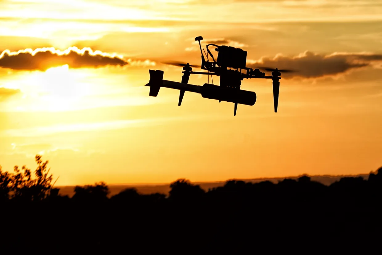 A drone takes off into the sky against the background of sunset on June 28, 2024, in Donetsk Oblast, Ukraine