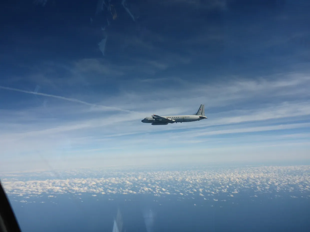 A Russian Il-20 reconnaissance plane seen from a cockpit of a German fighter jet over the Baltic Sea. Photo published on Oct. 2024