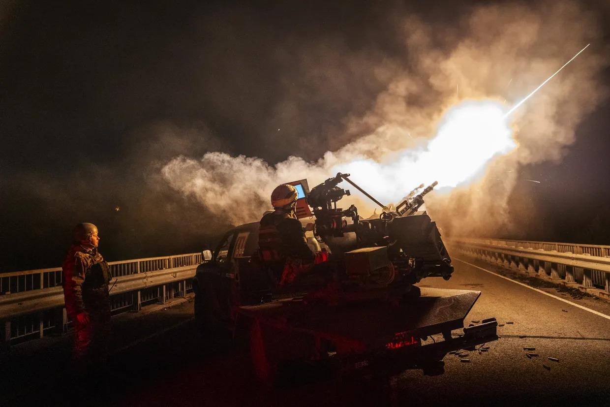 Soldiers of the 115th Brigade fire at drones in the Lyman area, Donetsk Oblast, Ukraine, in April 2025