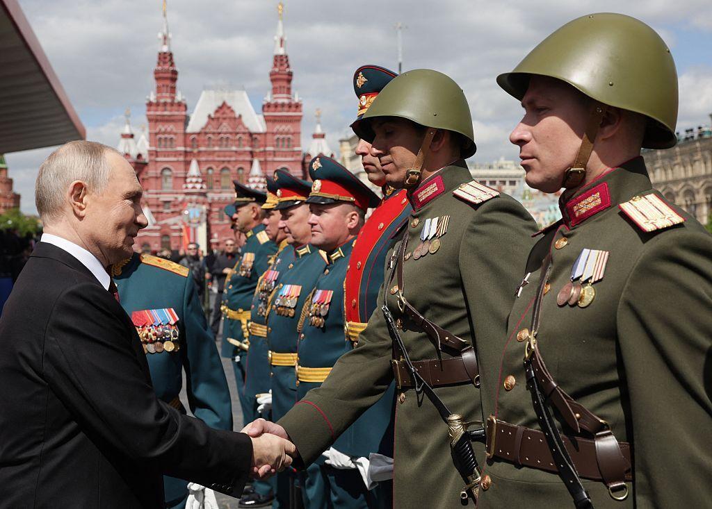Russia's President Vladimir Putin greets military commanders after the Victory Day military parade at Red Square in central Moscow, Russia in May 2025