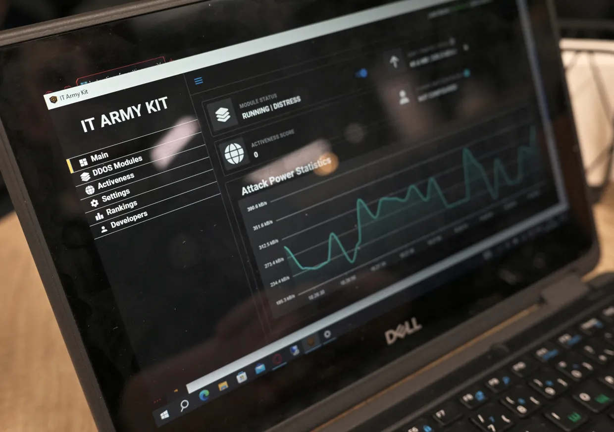 A laptop screen displays the IT Army of Ukraine’s webpage in Kyiv, Ukraine, in Feb 2024 — a volunteer hacker group formed after Russia’s invasion, now playing a growing role in digital warfare