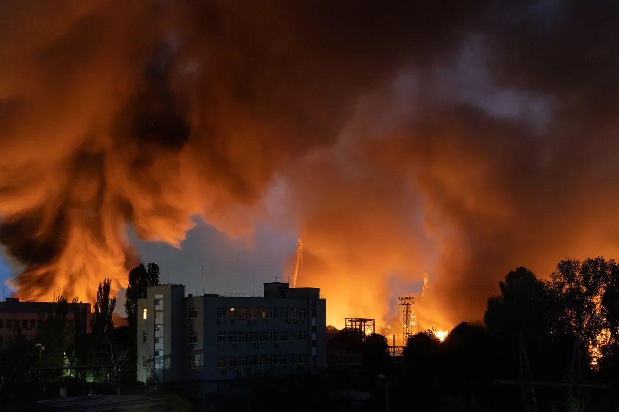 Fire and smoke are visible after Russian drone strikes in Kyiv, Ukraine. June 2025