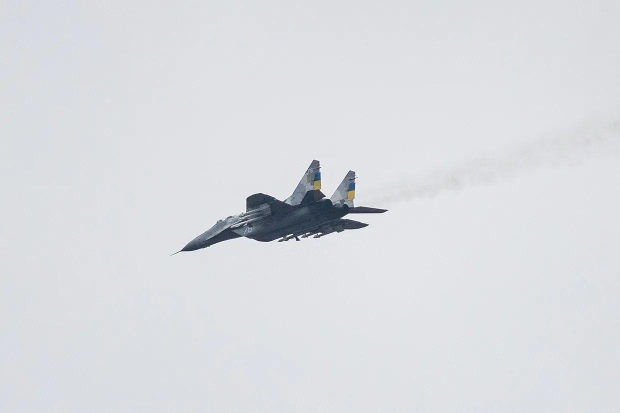A MIG-29 Ukrainian fighter jet flying over eastern Ukraine