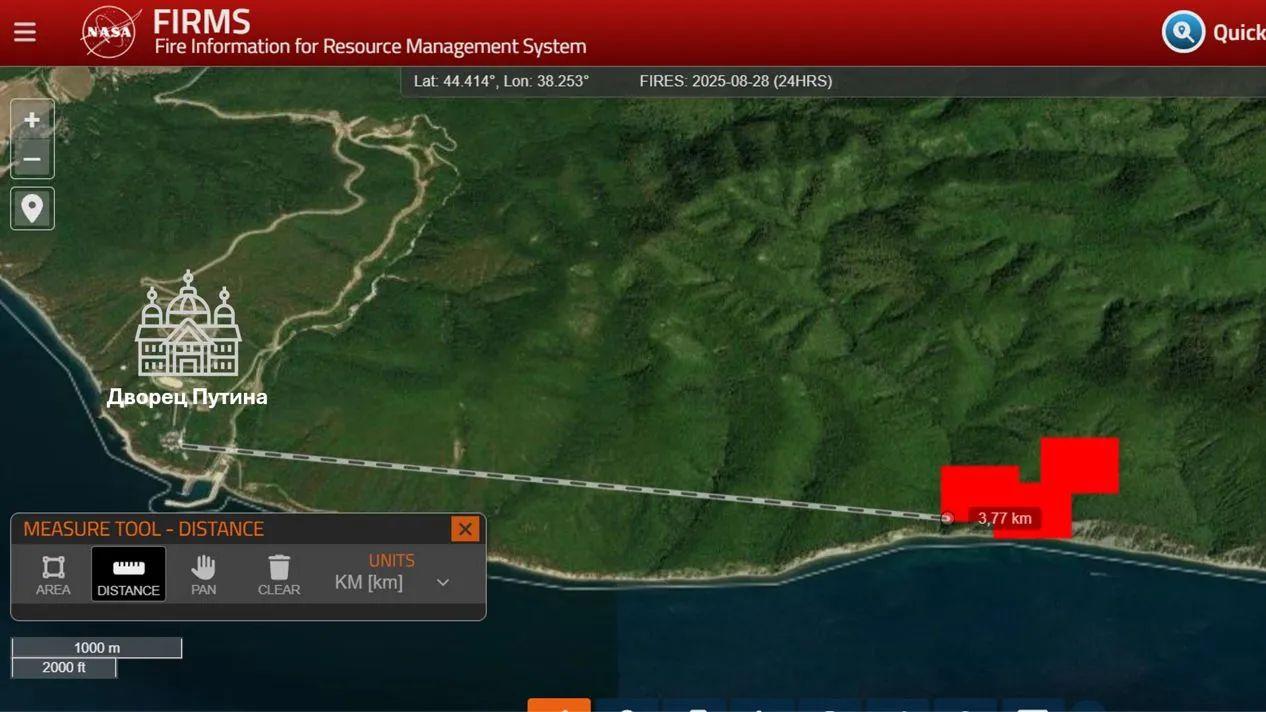 Distance from Putin's palace to centre of the fire started by Ukrainian drones