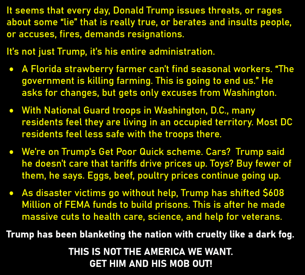 It seems that every day, Donald Trump issues threats, or rages about some “lie” that is really true, or berates and insults people, or accuses, fires, demands resignations. 
It’s not just Trump, it’s his entire administration.
* A Florida strawberry farmer can’t find seasonal workers. “The government is killing farming. This is going to end us.” He asks for changes, but gets only excuses from Washington. 
* With National Guard troops in Washington, D.C., many residents feel they are living in an occupied territory. Most DC residents feel less safe with the troops there. 
* We’re on Trump’s Get Poor Quick scheme. Cars?  Trump said he doesn’t care that tariffs drive prices up. Toys? Buy fewer of them, he says. Eggs, beef, poultry prices continue going up.
* As disaster victims go without help, Trump has shifted $608 Million of FEMA funds to build prisons. This is after he made massive cuts to health care, science, and help for veterans.
Trump has been blanketing the nation with cruelty like a dark fog. 
THIS IS NOT THE AMERICA WE WANT. 
GET HIM AND HIS MOB OUT!
