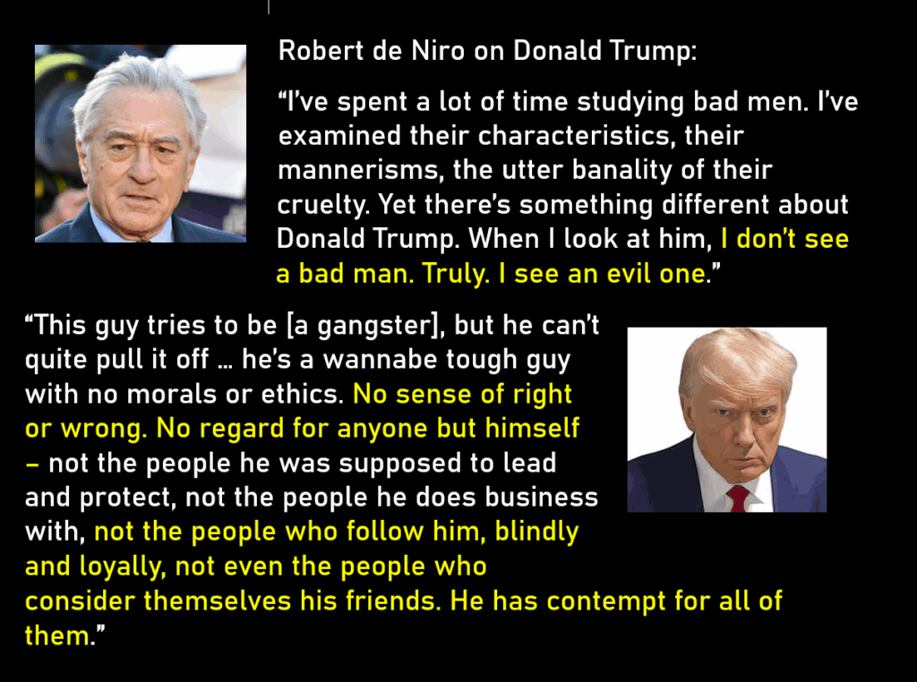 Two photos:  a head shot of the actor, Robert de Niro, looking normal, and a mug shot of Donald Trump, glowering at the camera.
Robert de Niro on Donald Trump: 
“I’ve spent a lot of time studying bad men. I’ve examined their characteristics, their mannerisms, the utter banality of their cruelty. Yet there’s something different about Donald Trump. When I look at him, I don’t see a bad man. Truly. I see an evil one.”
“This guy tries to be [a gangster], but he can’t quite pull it off … he’s a wannabe tough guy with no morals or ethics. No sense of right or wrong. No regard for anyone but himself – not the people he was supposed to lead and protect, not the people he does business with, not the people who follow him, blindly and loyally, not even the people who consider themselves his friends. He has contempt for all of them.”
