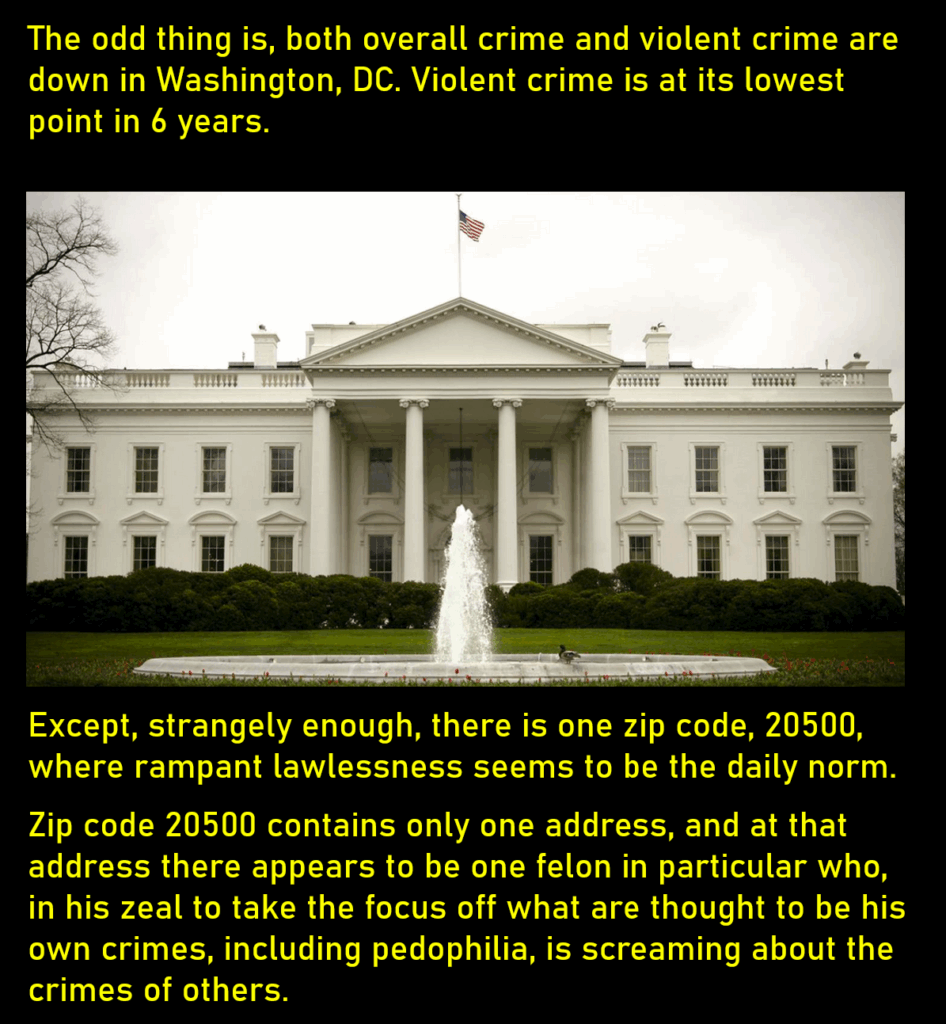 Photo of the White House
The odd thing is, both overall crime and violent crime are down in Washington, DC. Violent crime is at its lowest point in 6 years.
Except, strangely enough, there is one zip code, 20500, where rampant lawlessness seems to be the daily norm.
Zip code 20500 contains only one address, and at that address there seems to be one felon in particular who, in his zeal to take the focus off what are thought to be his own crimes of pedophilia, is screaming about the crimes of others. 
